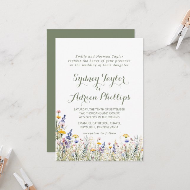 Simple Widlflower Formal Wedding Invitation (Front/Back In Situ)