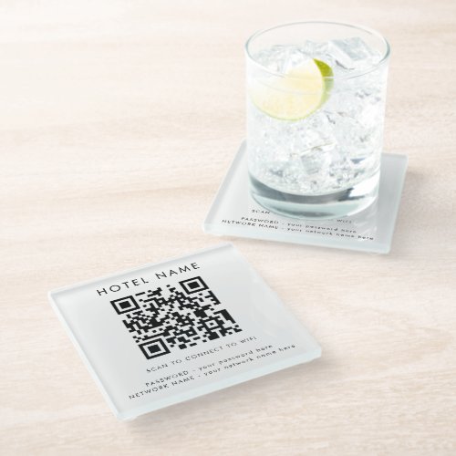 Simple WIFI details QR code Hotel Name Any Color Glass Coaster