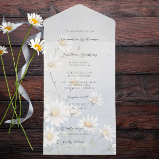 Simple Wild Daisies on Pale Gray Blue All In One Invitation