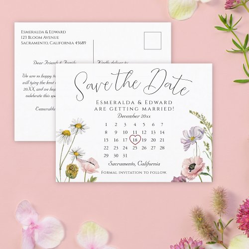 Simple Wild Flower Wedding Calendar Save The Date Announcement Postcard