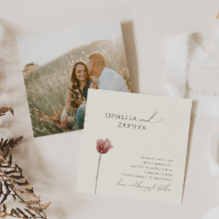 Simple Wildflower   Beige Photo Square Wedding Invitation