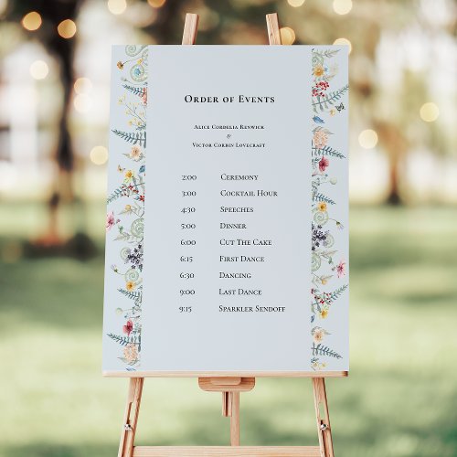 Simple Wildflower Blue Wedding Order of Events Foam Board