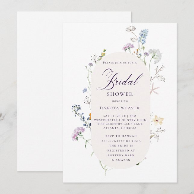 Simple Wildflower Calligraphy Floral Bridal Shower Invitation (Front/Back)