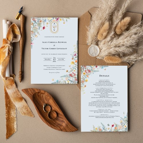 Simple Wildflower Dusty Blue Monogram Details And Invitation