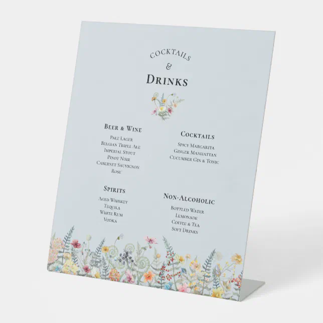 Simple Wildflower Dusty Blue Wedding Drinks Menu Pedestal Sign | Zazzle