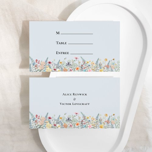Simple Wildflower Dusty Blue Wedding Menu Flat Place Card