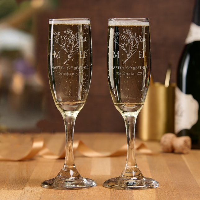 Simple wildflower fall meadow monogram wedding champagne flute (Creator Uploaded)