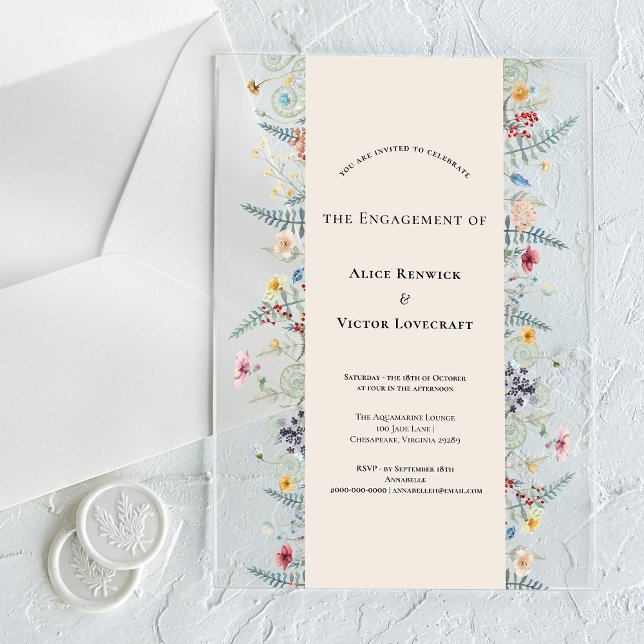 Simple Wildflower Fern Beige Engagement Party Acrylic Invitations (Creator Uploaded)