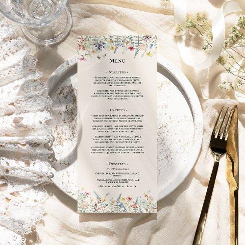 Simple Wildflower Fern Beige Wedding Flat Menu