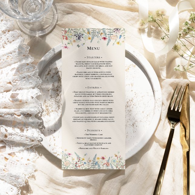 Simple Wildflower Fern Beige Wedding Flat Menu (Creator Uploaded)