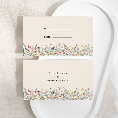 Simple Wildflower Fern Beige Wedding Flat Place Card