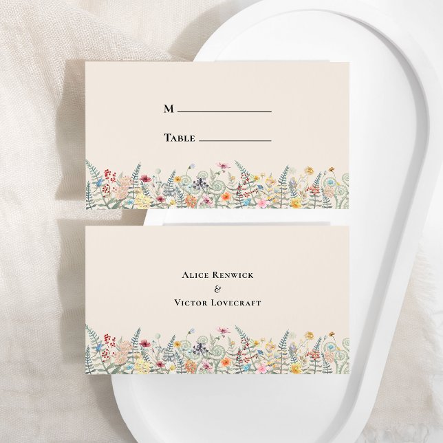 Simple Wildflower Fern Beige Wedding Flat Place Card (Creator Uploaded)