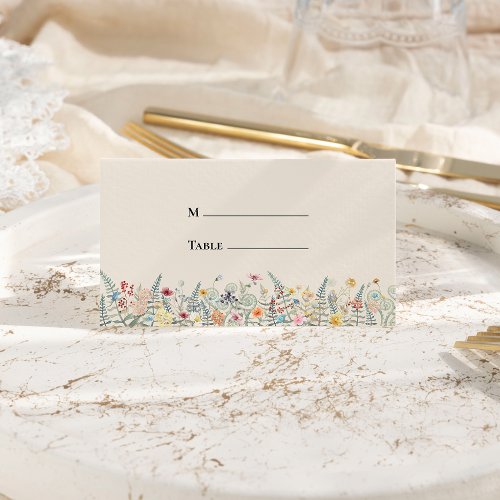 Simple Wildflower Fern Beige Wedding Folded Place Card