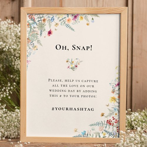 Simple Wildflower Fern Beige Wedding Hashtag Poster