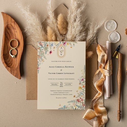 Simple Wildflower Fern Beige Wedding Monogram Invitation