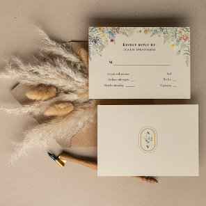 Simple Wildflower Fern Beige Wedding Monogram RSVP Card