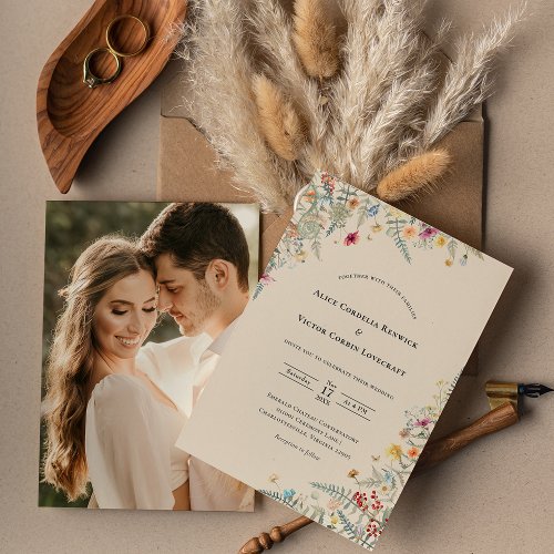 Simple Wildflower Fern Beige Wedding Photo Invitation