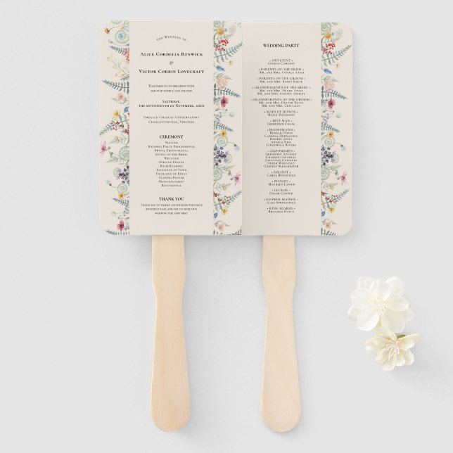 Simple Wildflower Fern Beige Wedding Program Hand Fan (Front and Back)