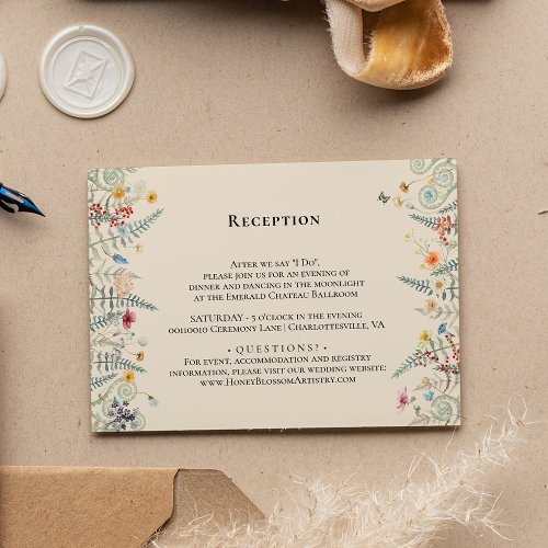 Simple Wildflower Fern Beige Wedding Reception Enclosure Card