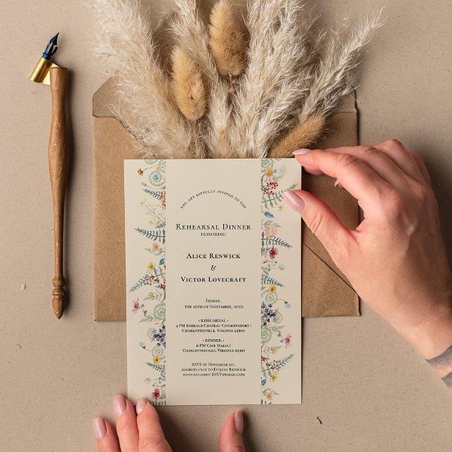 Simple Wildflower Fern Beige Wedding Rehearsal Invitation (Creator Uploaded)