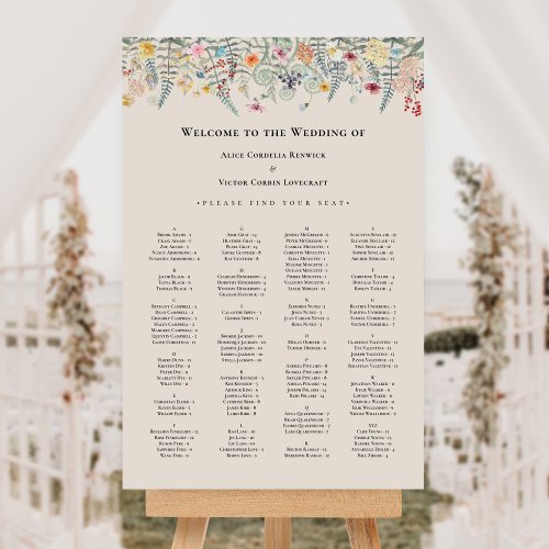 Simple Wildflower Fern Beige Wedding Seating Chart Foam Board