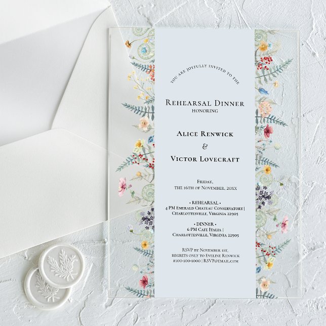 Simple Wildflower Fern Dusty Blue Rehearsal Dinner Acrylic Invitations (Creator Uploaded)