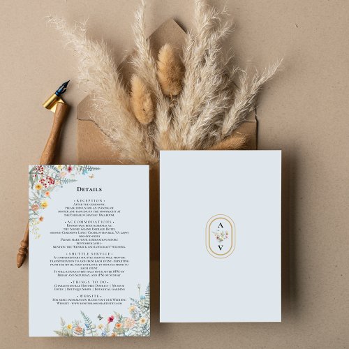 Simple Wildflower Fern Dusty Blue Wedding Details Enclosure Card