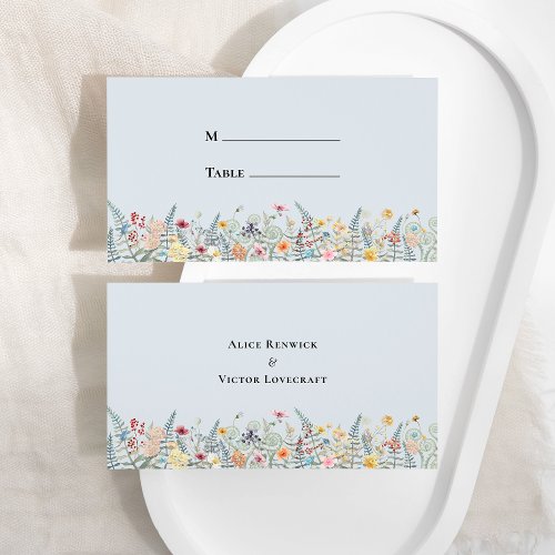 Simple Wildflower Fern Dusty Blue Wedding Flat Place Card