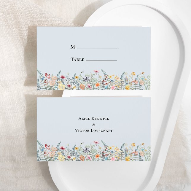 Simple Wildflower Fern Dusty Blue Wedding Flat Place Card (Creator Uploaded)
