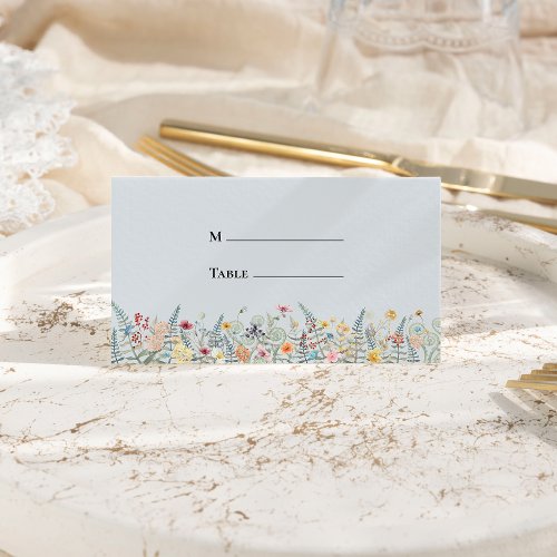 Simple Wildflower Fern Dusty Blue Wedding Folded Place Card