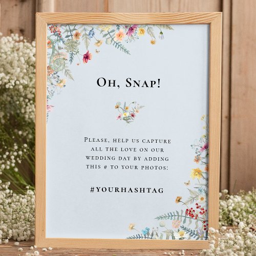 Simple Wildflower Fern Dusty Blue Wedding Hashtag Poster