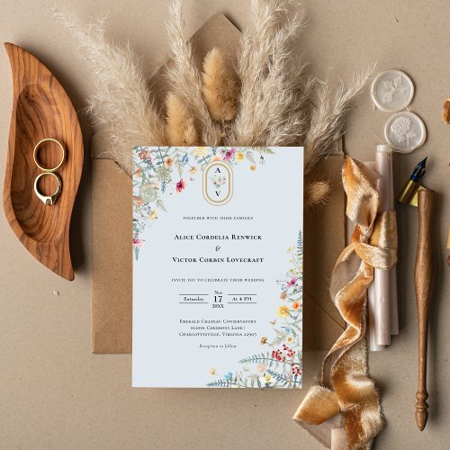 Simple Wildflower Fern Dusty Blue Wedding Monogram Invitation