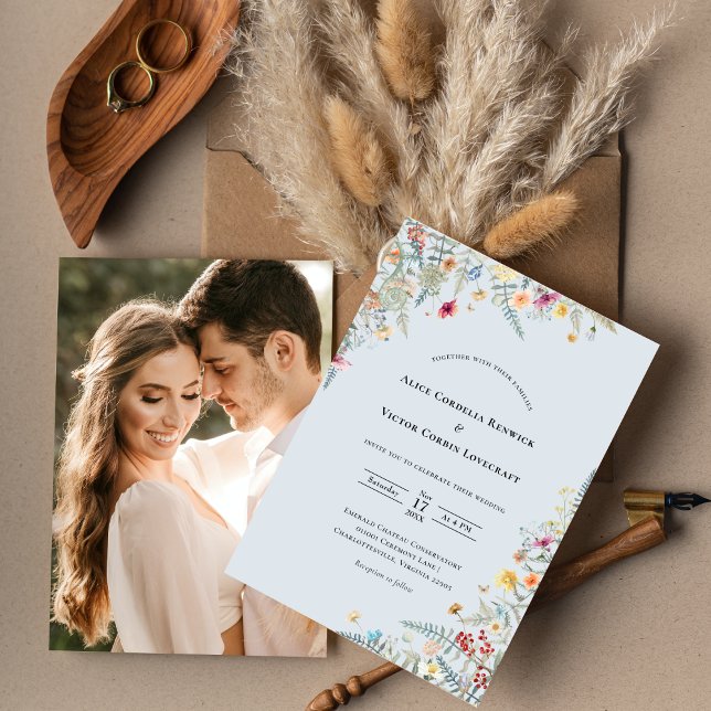 Simple Wildflower Fern Dusty Blue Wedding Photo Invitation (Creator Uploaded)