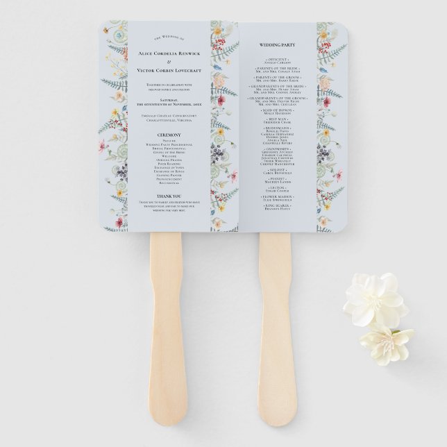 Simple Wildflower Fern Dusty Blue Wedding Program Hand Fan (Front and Back)