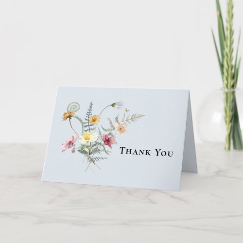 Simple Wildflower Fern Dusty Blue Wedding Thank You Card