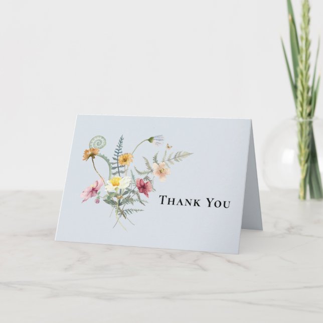 Simple Wildflower Fern Dusty Blue Wedding Thank You Card (Front)