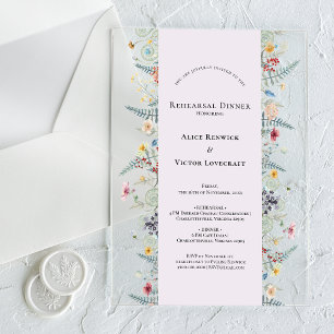 Simple Wildflower Fern Lavender Rehearsal Dinner Acrylic Invitations