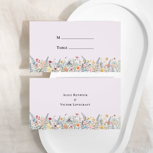 Simple Wildflower Fern Lavender Wedding Flat Place Card