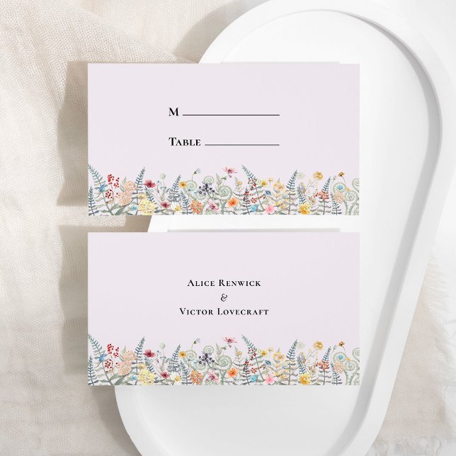 Simple Wildflower Fern Lavender Wedding Flat Place Card (Creator Uploaded)