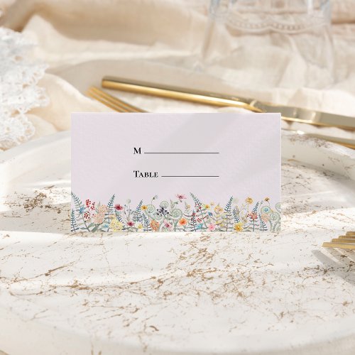 Simple Wildflower Fern Lavender Wedding Folded Place Card