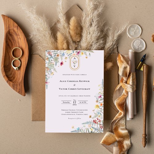 Simple Wildflower Fern Lavender Wedding Monogram Invitation