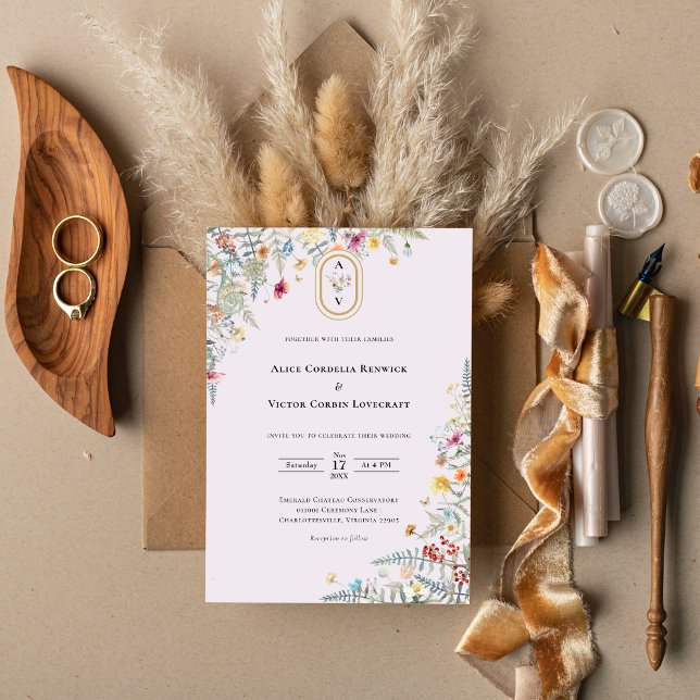 Simple Wildflower Fern Lavender Wedding Monogram Invitation (Creator Uploaded)