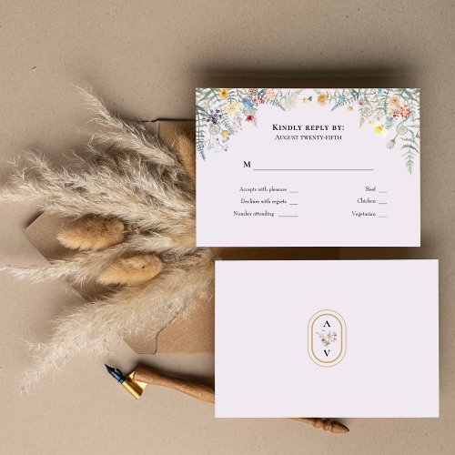 Simple Wildflower Fern Lavender Wedding Monogram RSVP Card