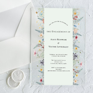 Simple Wildflower Fern Mint Green Engagement Party Acrylic Invitations