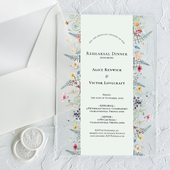 Simple Wildflower Fern Mint Green Rehearsal Dinner Acrylic Invitations (Creator Uploaded)