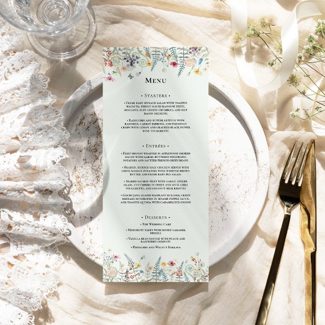 Simple Wildflower Fern Mint Green Wedding Flat Menu (Creator Uploaded)