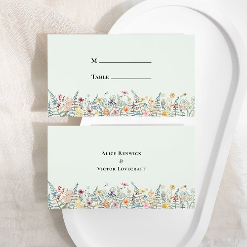 Simple Wildflower Fern Mint Green Wedding Flat Place Card
