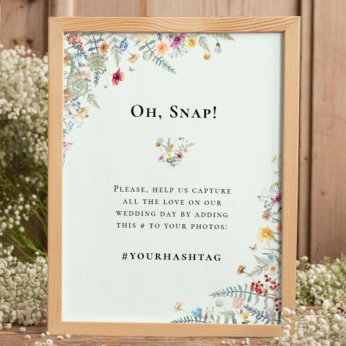 Simple Wildflower Fern Mint Green Wedding Hashtag Poster