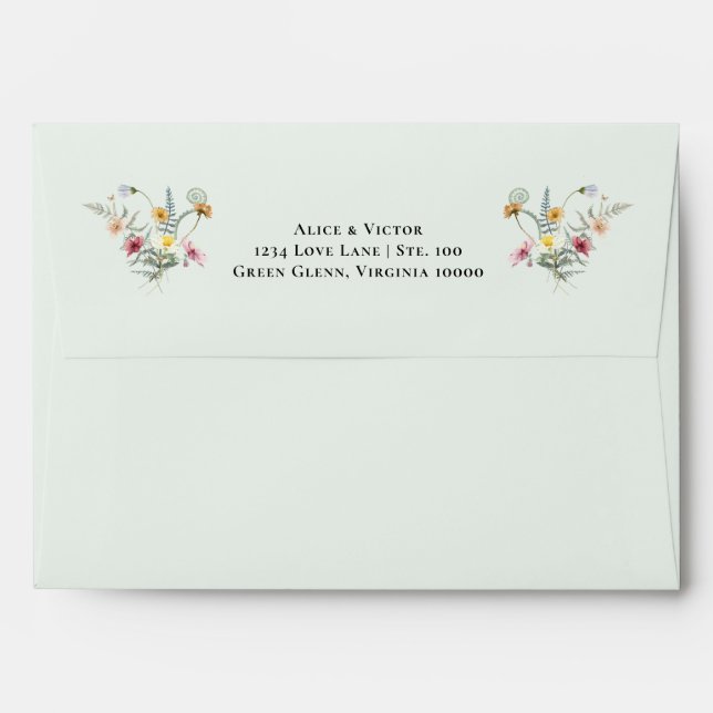 Simple Wildflower Fern Mint Green Wedding Mailing Envelope (Back (Top Flap))