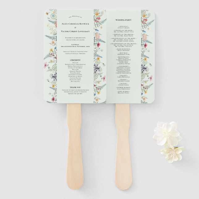 Simple Wildflower Fern Mint Green Wedding Program Hand Fan (Front and Back)